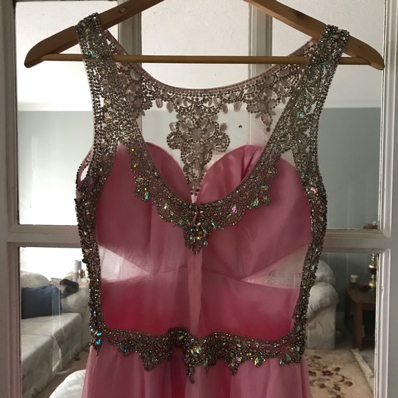 Pink chiffon open back crystal prom dress - Picture 2 of 8